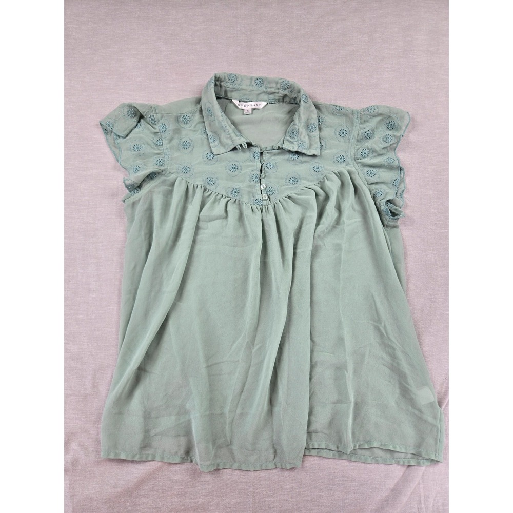 Downeast Womens Sage Green Eyelet Embroidered Chiffon Babydoll Blouse Small